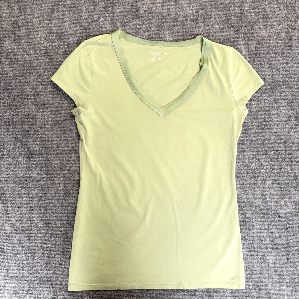 Ann Taylor Womens S Sage Green Elegant Wide Trim V Neck Stretch Cotton Tee